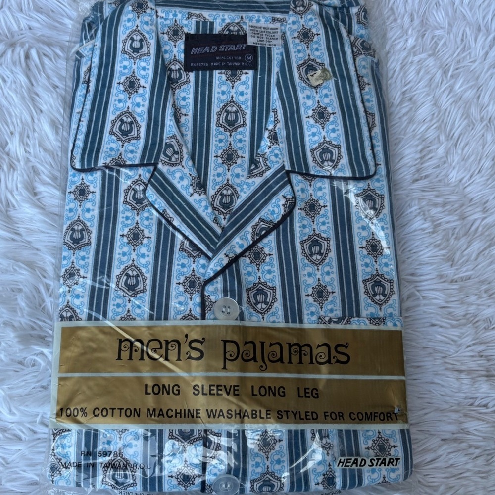 Vintage Head Start Mens Pajamas Blue White Stripe Cotton Set Size M RN 59786